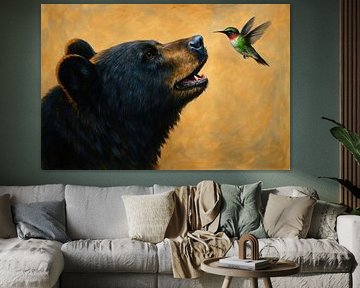 Zwarte beer met groene kolibrie van Art & Soul Creations