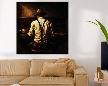 Vintage-Kleidung Mann am Klavier von hinten Impasto Golden Light Wandkunst von Ramy Salah Hefny