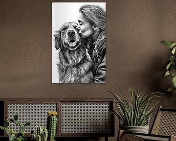Fille embrassant un golden retriever, dessin vintage