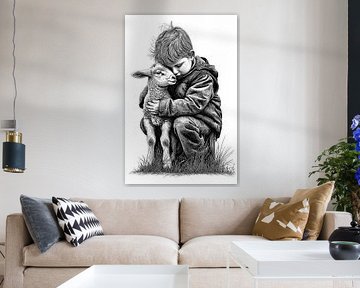 Portrait au trait délicat représentant un garçon serrant un agneau dans ses bras