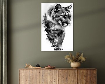 Couguar des montagnes avec cascade, dessin vintage