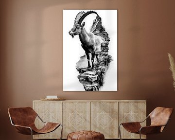 Alpine Ibex Cliffside Vintage Line Art