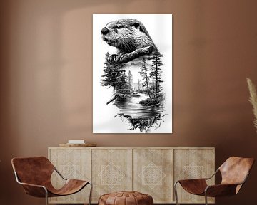 Beaver River Forest Scenic Vintage Line Art