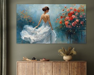 Elegant woman in a white backless dress by Bo Valentino