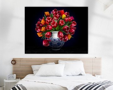 Heinen Delft Blue Vase and Tulips Still Life by Fine Art Flower - Artist Sander van Laar