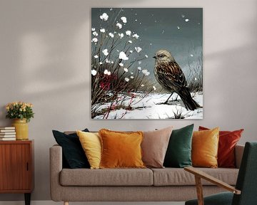 Winterlied | Haussperling auf verschneitem Ast zwischen rosa Beeren