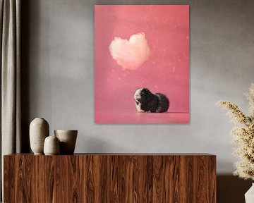 Guinea pig under a heart-shaped cloud – romantic animal photograph with pink background by Marloes van Antwerpen