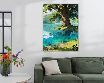 ANIME Arbre serein au bord du lac - Paysage naturel inspiré de Ghibli Eau cristalline