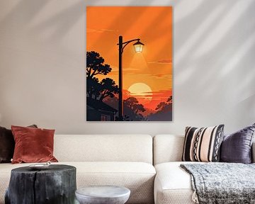 ANIME Lampadaire au coucher du soleil - Silhouette dorée au crépuscule Ciel rétro Ghibli