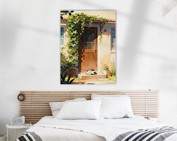 ANIME Porte pour chat endormi - Cottage ensoleillé recouvert de lierre Esthétique Ghibli