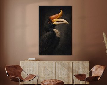 Wandkunst mit exotischen Vögeln vor einem dunklen, dramatischen Hintergrund"