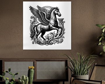 Vintage Pegasus Engraving with Ornate Scrollwork by Clay Artista