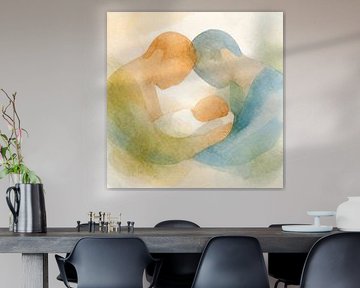 Twee vaders met hun pasgeboren baby (schilderij, gezin, adoptie, homo, stellen, papa) van Natalie Bruns