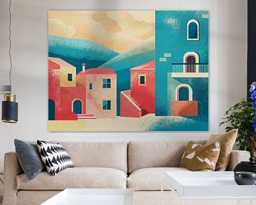 Mediterrane stilte boven pastelkleurige daken van Mixed media vector arts