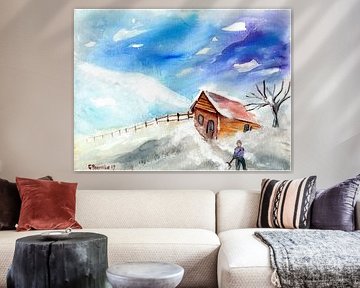 Winterlandschaft mit Hütte im Schnee von Gertrud Premke
