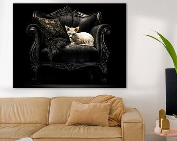 Ruhe auf dem Thron | Weiße Sphynx auf schwarzem Sessel von Karina Brouwer