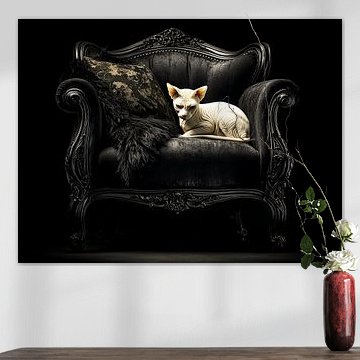 Rest on the Throne | White Sphynx on Black Armchair