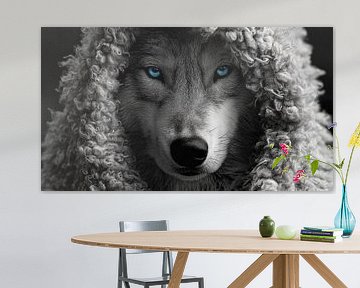 Loup aux yeux bleus déguisé en mouton panorama noir et blanc sur TheXclusive Art