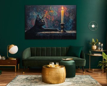 Black Cat and Candlelight – Moody Gothic Oil Painting Style Digital Artwork by Kimita Jennaira