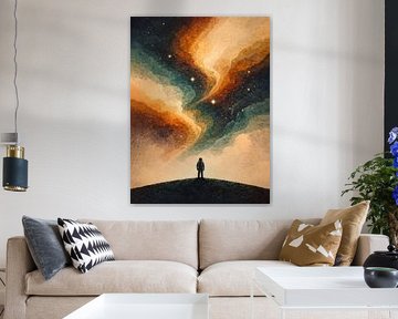 Eenzame astronaut onder een kosmische waterverfhemel van uwidya