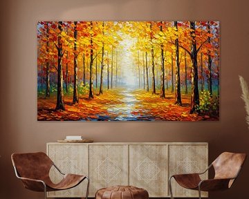Vibrant Autumn Forest Path – Ultra Colorful Impressionist Oil Painting Landscape by Kimita Jennaira