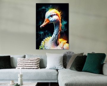 Witte gans neon aquarelschilderij – Moderne dierenwanddecoratie