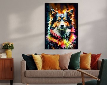 Shetland Sheepdog Neon Waterverfkunst – Expressieve hond wanddecoratie