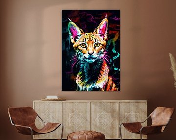 Serval Neon Waterverf Kunstwerk – Exotische Wilde Kat Wandposter