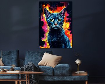 Russische blauwe kat neon aquarelschilderij – elegante katachtige wanddecoratie