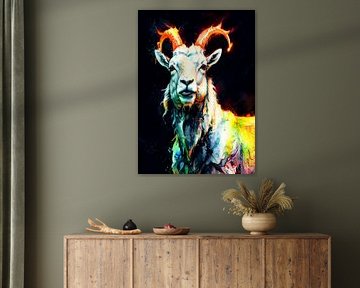 Mountain Goat Neon Watercolor Art – Majestueuze dierenwanddecoratie