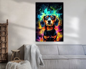 Neon waterverfkunst met teckel – Expressieve poster met hond voor aan de muur