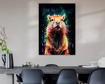 Capybara Neon Waterverf Kunstwerk – Hedendaagse Dierenposter