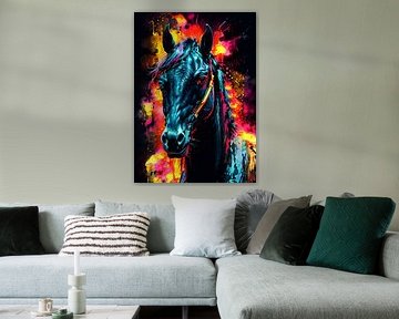 Zwarte paard neon aquarel schilderij – Krachtige dierenwanddecoratie