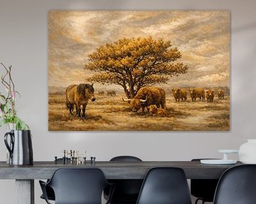 **Zwischen Dünen und Zeit: Eine impressionistische Darstellung grasender Ponys und Highland-Rinder in den Gravelijkheidsduinen**