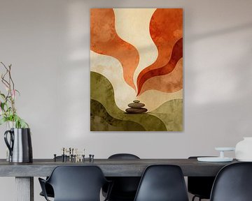 ZEN Balanced Stones – Organische abstrakte Wellen Terrakotta Olivgrün Erdiger Fluss von Minggu Galeri