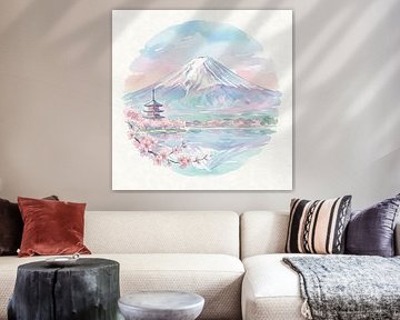 Ruhige japanische Landschaft: Fuji, Pagode, Kirschblüten von Clay Artista