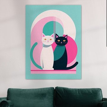 Couple de chats dans un jeu de formes colorées