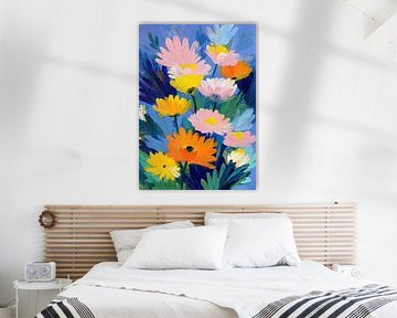 Impressionistische bloemenzee op blauw