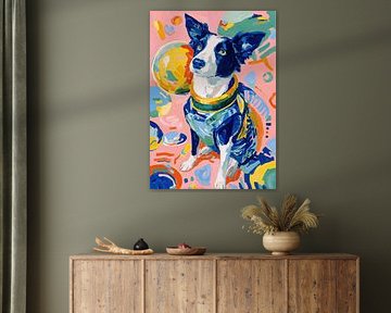 Hond met groene halsband op roze