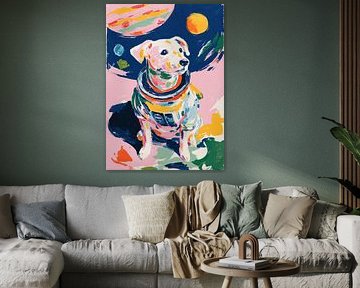 Hond in ruimtepak voor kosmische achtergrond