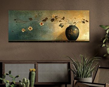Teal Vase With Blossoms van Blikvanger Schilderijen