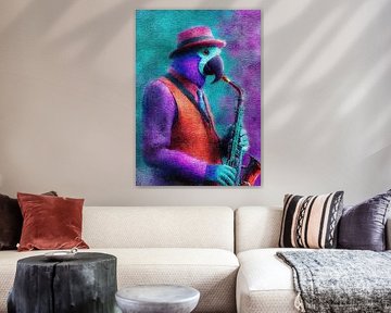 Oiseau bleu jazz avec saxophone et chapeau sur Niklas Maximilian
