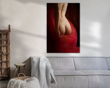 Femme nue vue de dos, vêtue d'un tissu rouge. Photographie artistique de nu. sur Jelena Jovanovic Fine Art