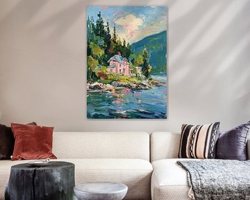 La maison rose au bord du fjord : idylle côtière aux couleurs pastel sur Niklas Maximilian