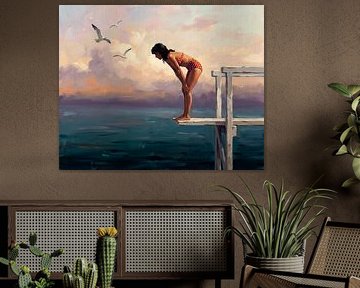 Femme sur un plongeoir au coucher du soleil sur Jan Keteleer