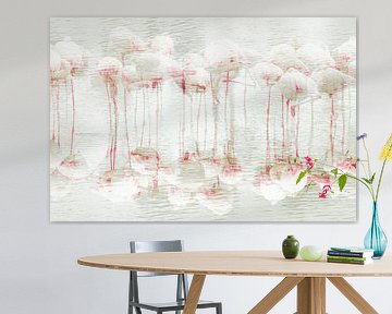 Abstracte foto van flamingo's van Anne-Marie Boere