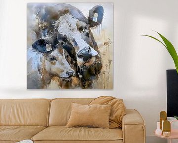 Kuh mit Kalb (schwarz/weiß)