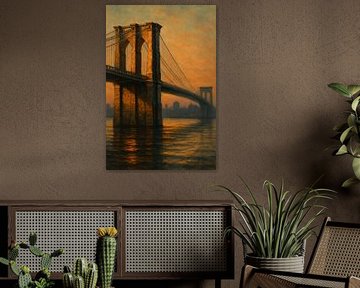East River Crossing: silhouet van de Brooklyn Bridge bij zonsondergang van Travel Shop