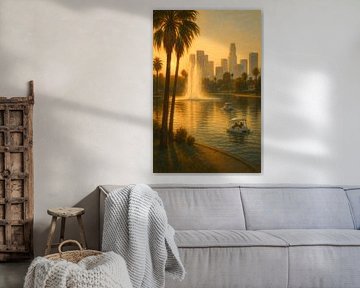 Echo Park Lake: Zwanenboten en silhouet van de skyline van Travel Shop