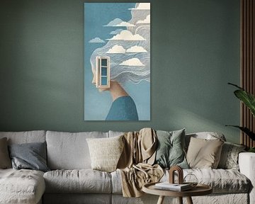 Surrealistisch raamportret – Vintage redactionele illustratie van een vrouw van Aden Pink Galerry